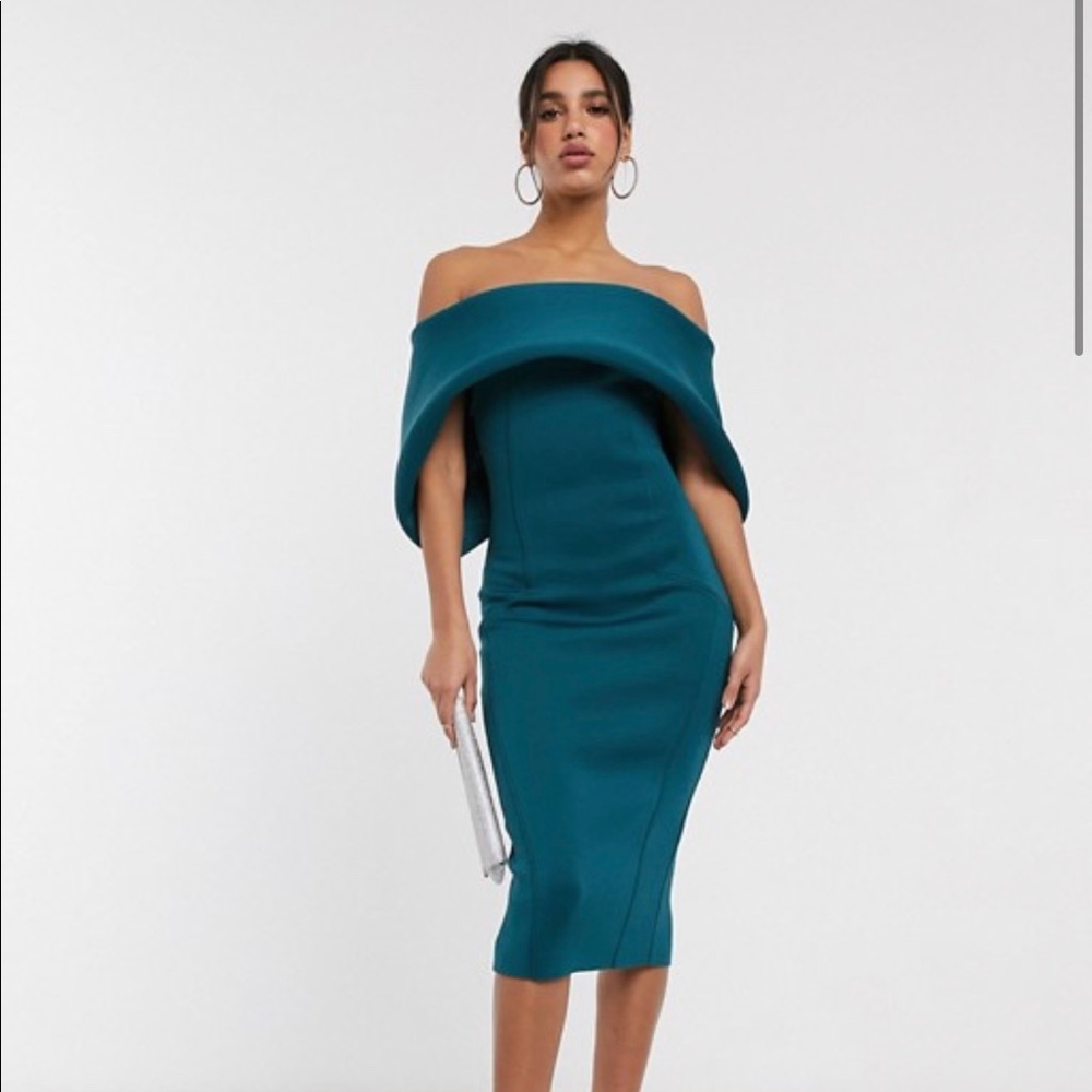 fold front bardot midi pencil dress